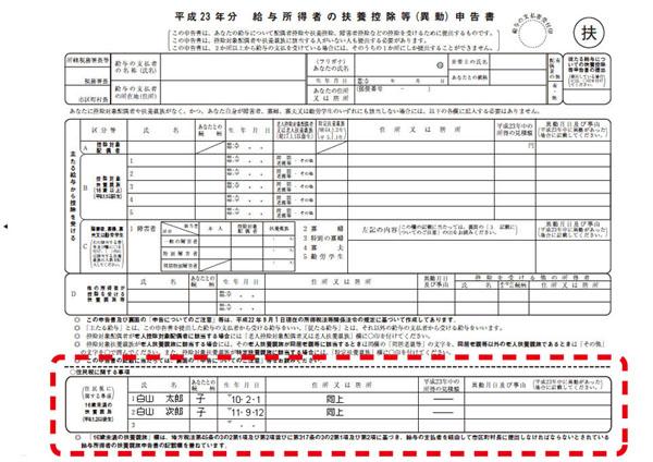 イラスト:平成23年分　給与所得者の扶養控除等申告書の記入例