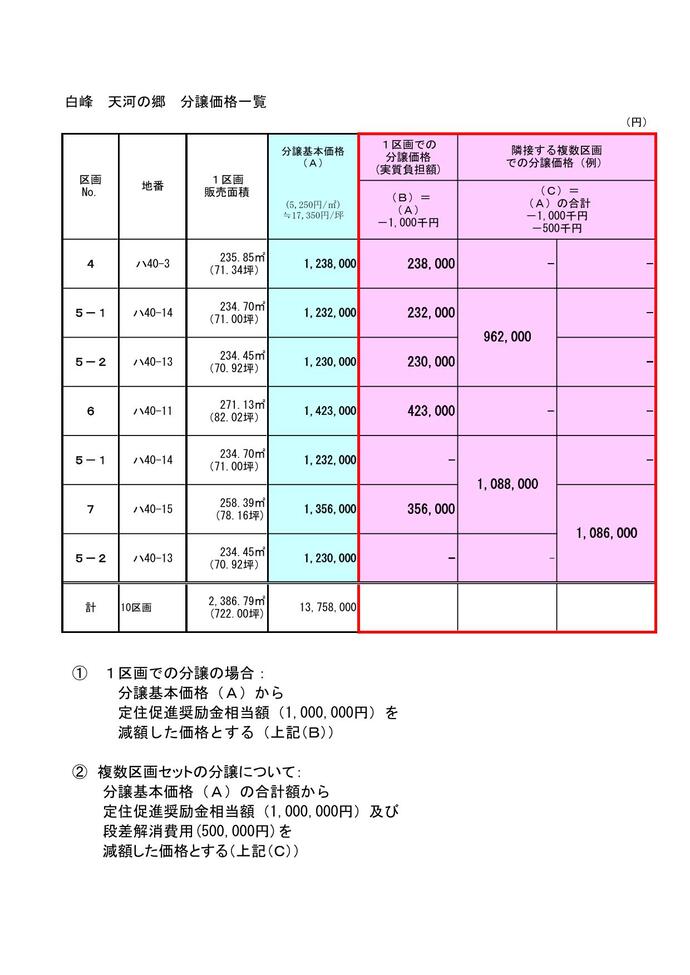 表：白峰　天河の郷　分譲価格一覧