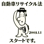 イラスト：自動車リサイクル博士　自動車リサイクル法2005年1月1日スタートです。