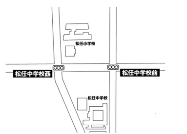 地図：歩車分離信号設置場所　松任中学校西、松任中学校前