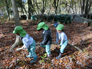 写真：落ち葉の中を歩く子供たち