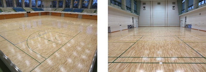 写真：松任総合運動公園体育館　第1競技場（左）、第2競技場（右）