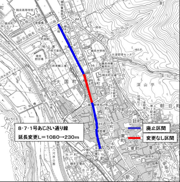 地図：あじさい通り線　起終点の変更図