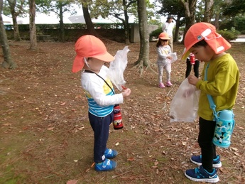 写真：散歩に行って、自然物を拾っているところ