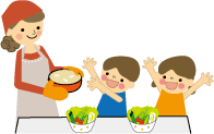 イラスト：お母さんが作る料理を喜ぶ子ども達