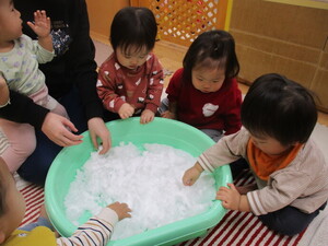写真:雪を見たり触れている様子