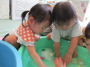 氷や水風船に触れているところ
