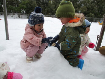園庭で雪遊びをしている様子