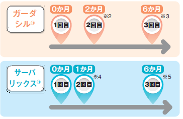 2価・4価ヒトパピローマウイルス（HPV）ワクチン（ガーダシル・サーバリックス）の接種間隔の図のイラスト