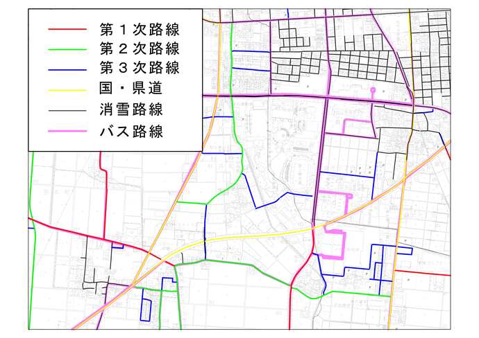 地図：除雪路線図　この道には消雪装置があるんだね　通勤にはこっちかな　雪の日のお買い物は、この道を通った方が良さそう