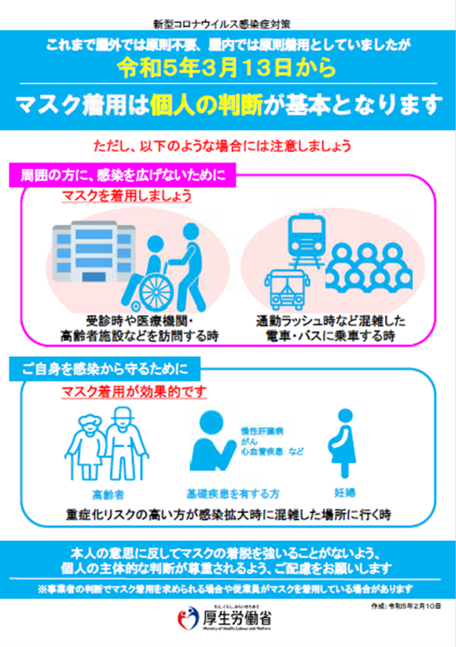 イラスト：令和5年3月13日からマスク着用は個人の判断が基本となります