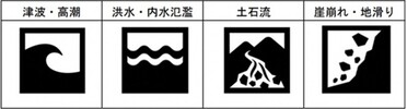 アイコン：それぞれ津波・高潮、洪水・内水氾濫、土石流、がけ崩れ・地すべりを表現したもの