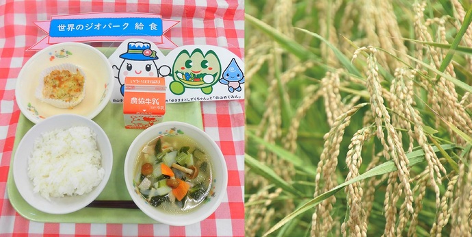 世界のジオパーク給食とたわわ実る稲穂